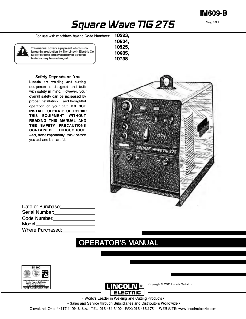 Page 1 de la notice Manuel utilisateur Lincoln Electric Square Wave TIG 275