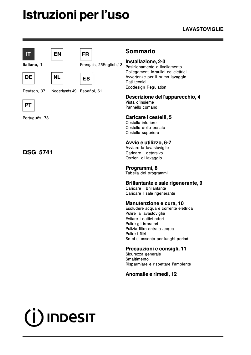 Page 1 de la notice Manuel utilisateur Indesit DSG 5741