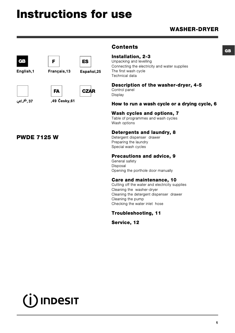 Page 1 de la notice Manuel utilisateur Indesit PWDE 7125 W