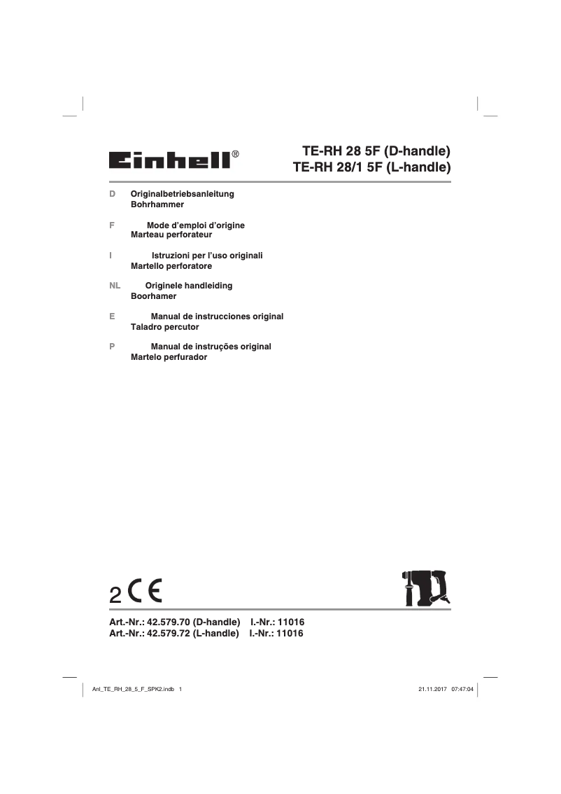 Page 1 de la notice Manuel utilisateur Einhell TE-RH 28/1 5F