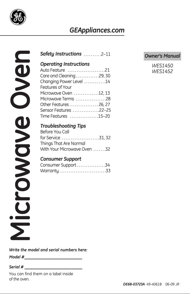 Page n°1 - Manuel utilisateur GE WES1450DNBB