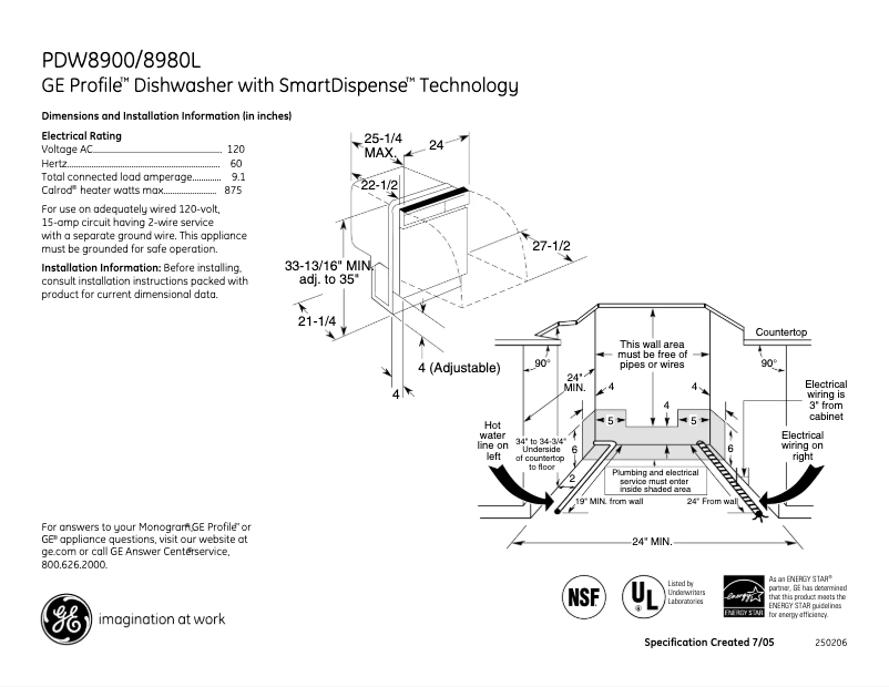 Page 1 of the manual Technical Sheet GE Profile PDW8980LSS