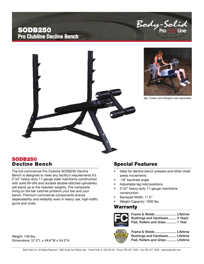 Page 1 de la notice Fiche technique Body-Solid SODB250