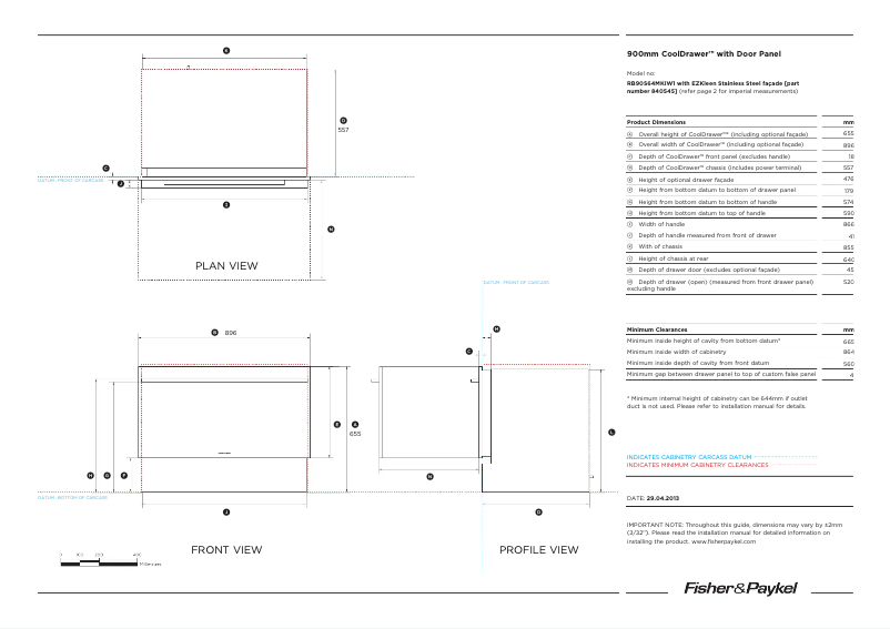 Page 1 de la notice Fiche technique Fisher & Paykel RB90S64MKIW1
