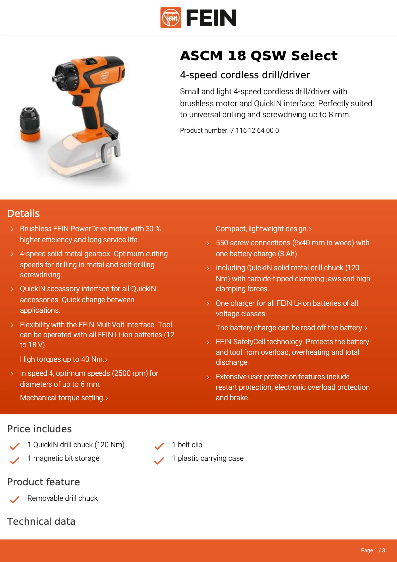 Página 1 del manual Ficha técnica Fein ASCM 18 QSW Select