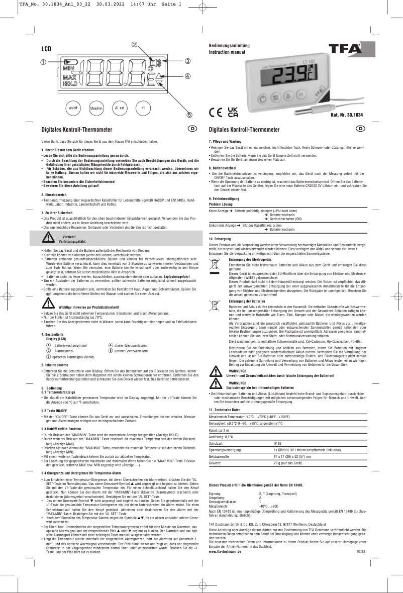 Page n°1 - Manuel utilisateur TFA LT-102 30.1034