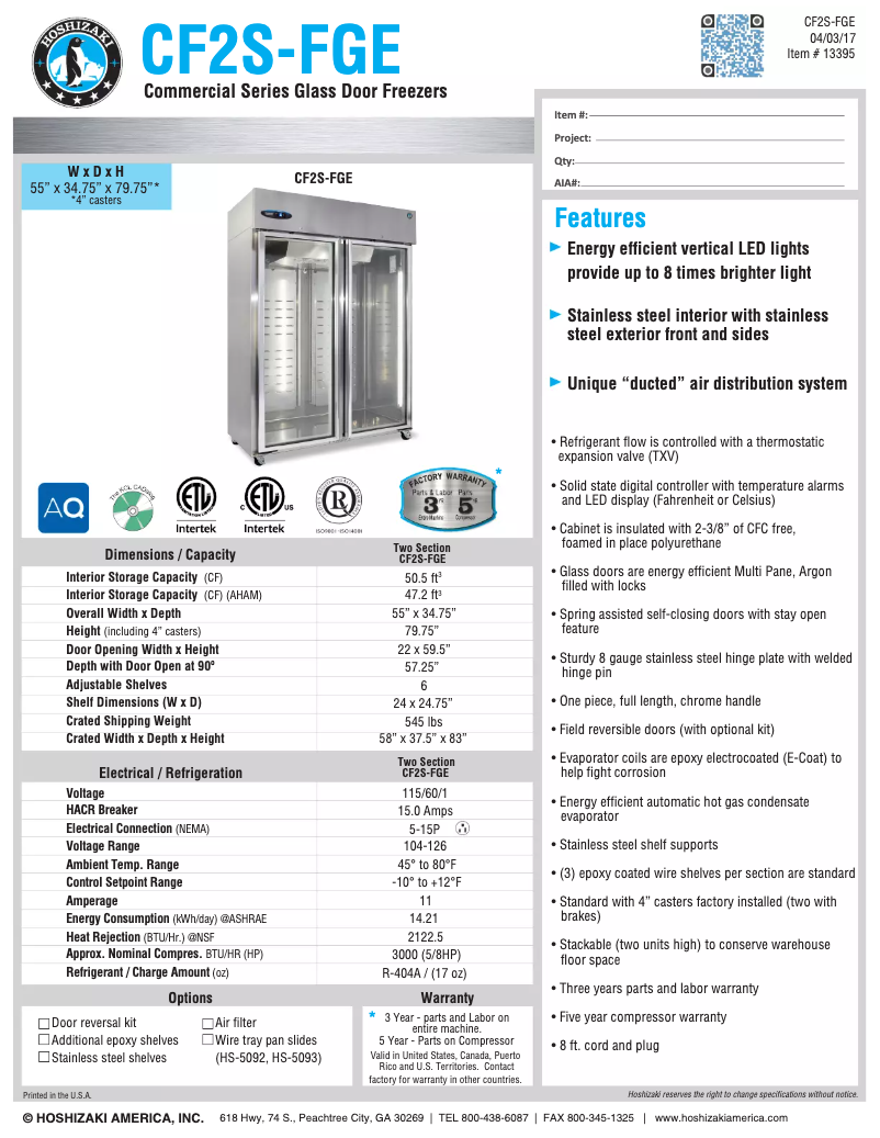 Page 1 de la notice Fiche technique Hoshizaki Commercial CF2S-FGE