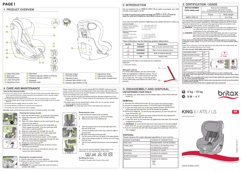 Page 1 de la notice Manuel utilisateur Britax-Römer KING II LS