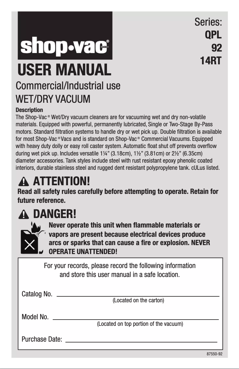 Página 1 del manual Manual de usuario Shop-Vac 9625710