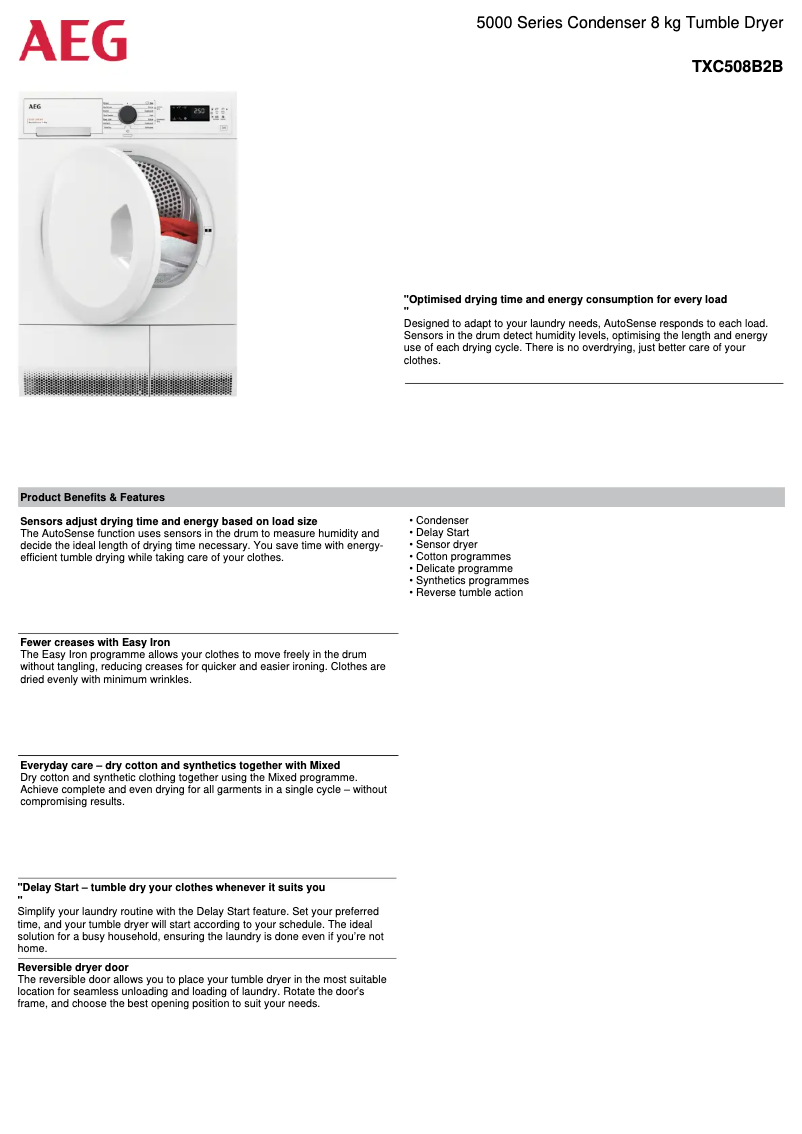 Page 1 de la notice Fiche technique AEG TXC508B2B