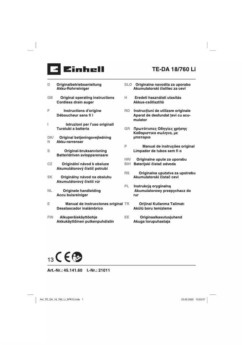 Page n°1 - Manuel utilisateur Einhell TE-DA 18/760 Li