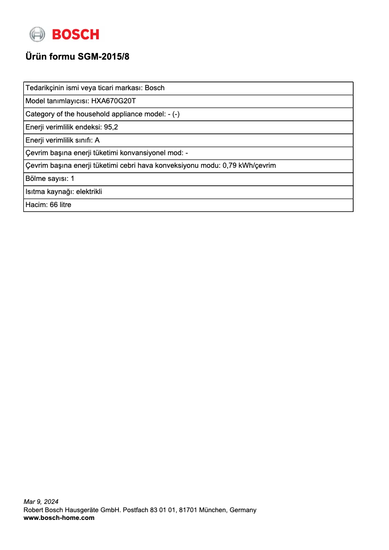 Page 1 de la notice Fiche technique Bosch HXA670G20T