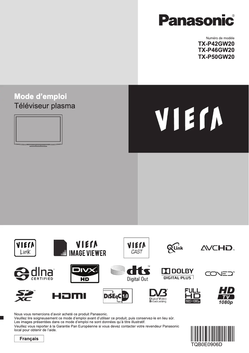 Page 1 de la notice Manuel utilisateur Panasonic TX-P50GW20