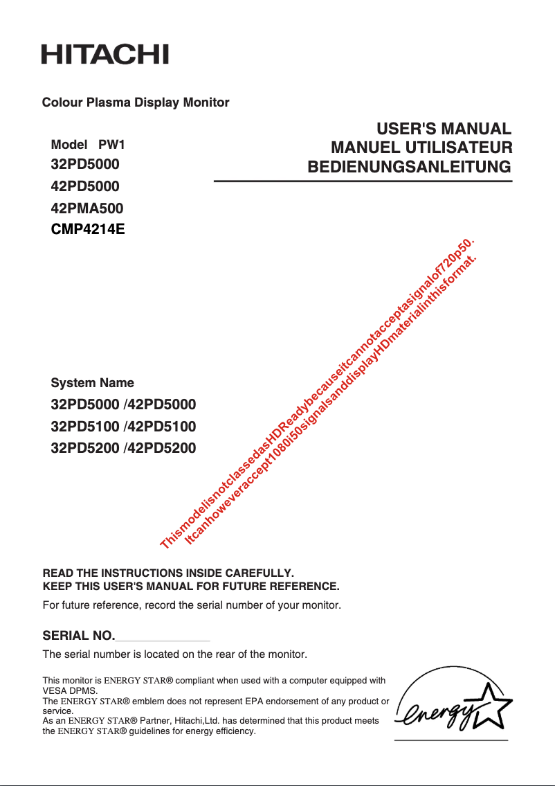 Page 1 de la notice Manuel utilisateur Hitachi 32PD5100