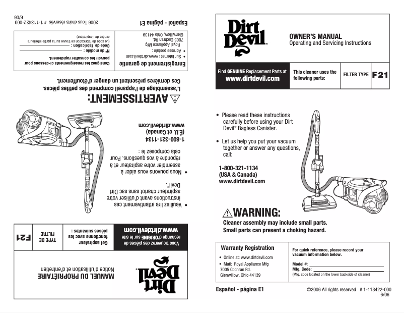 Page 1 de la notice Manuel d'utilisation et d'entretien Dirt Devil Vision M082750