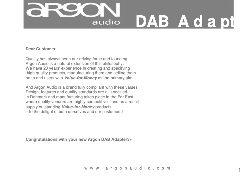 Page 1 de la notice Manuel utilisateur Argon DAB Adapter 3+
