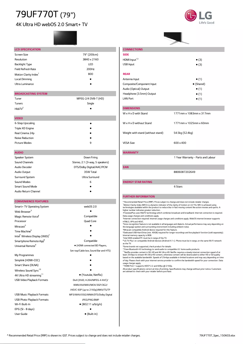 Page 1 de la notice Fiche technique LG 79UF770T