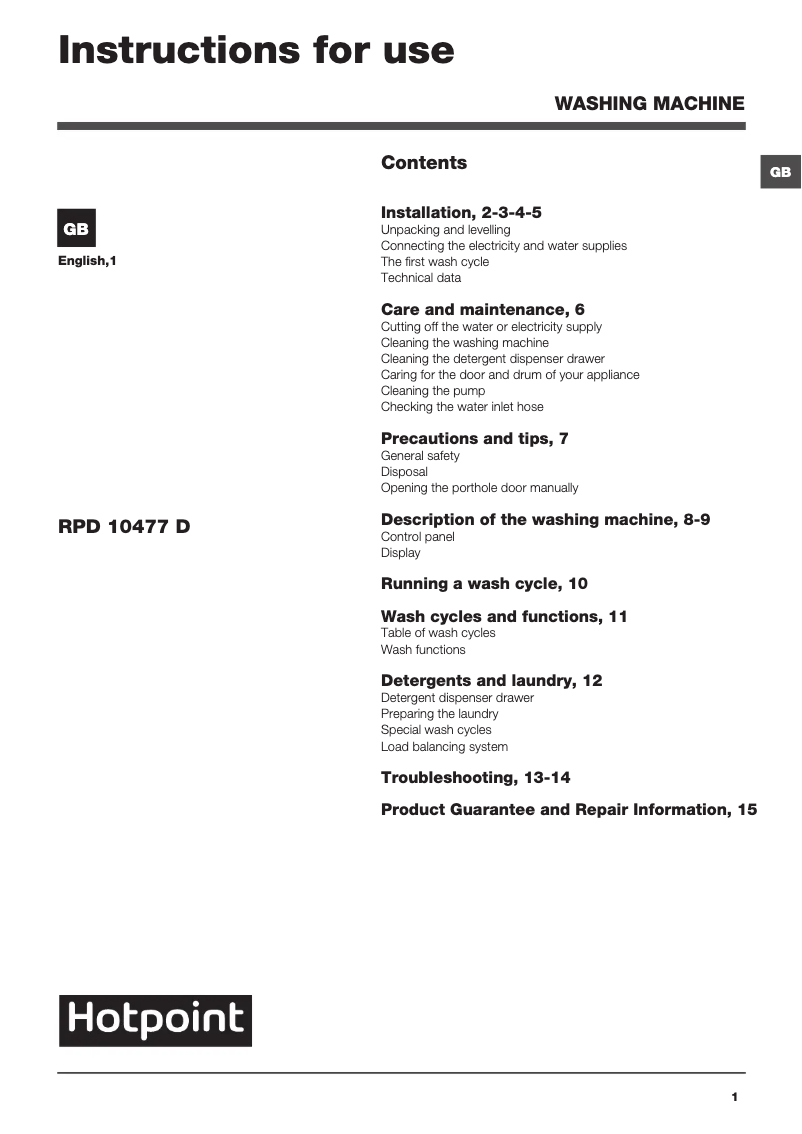 Page n°1 - Manuel utilisateur Hotpoint RPD 10477 DD UK/1