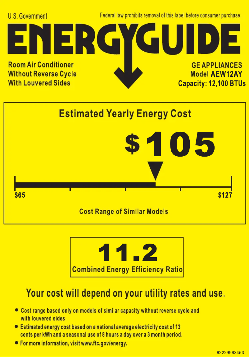 Page 1 de la notice Label énergétique GE AEW12AY