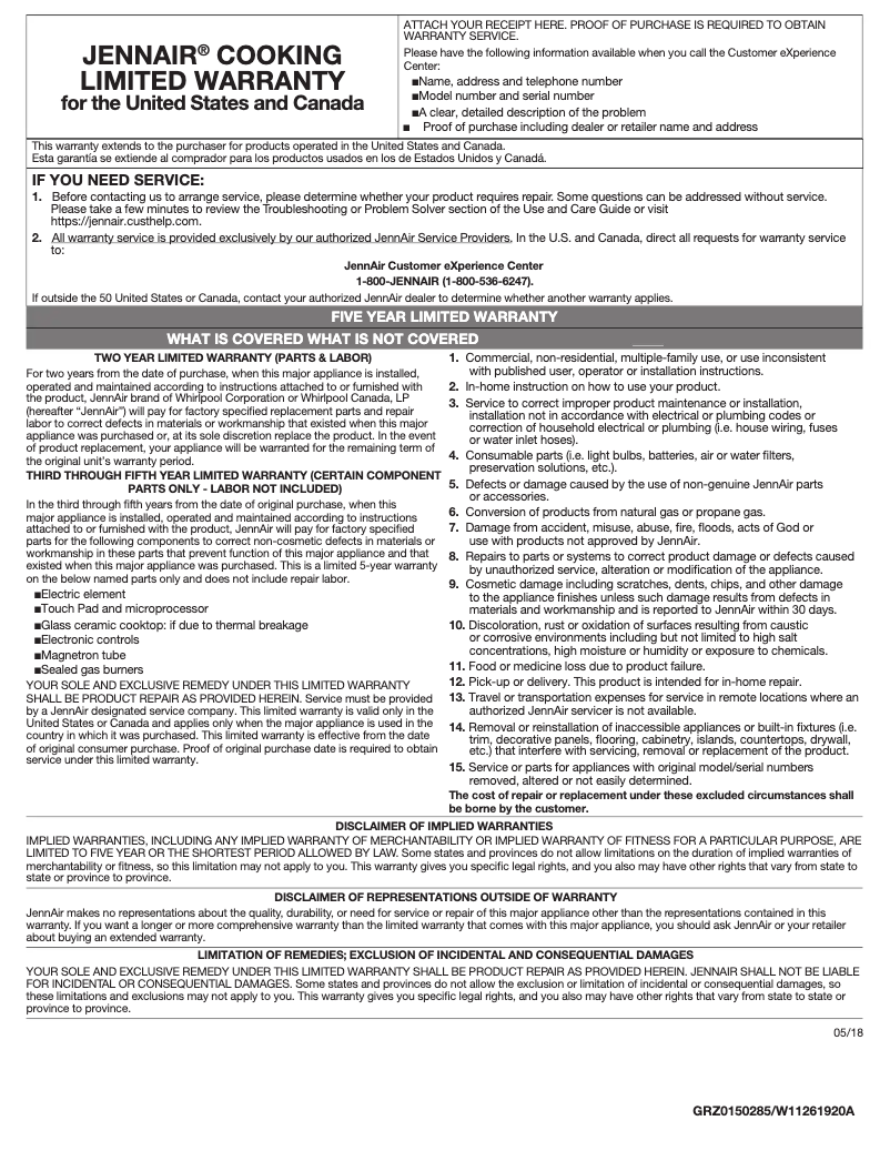 Page 1 de la notice Informations de garantie JennAir JVR0436HS