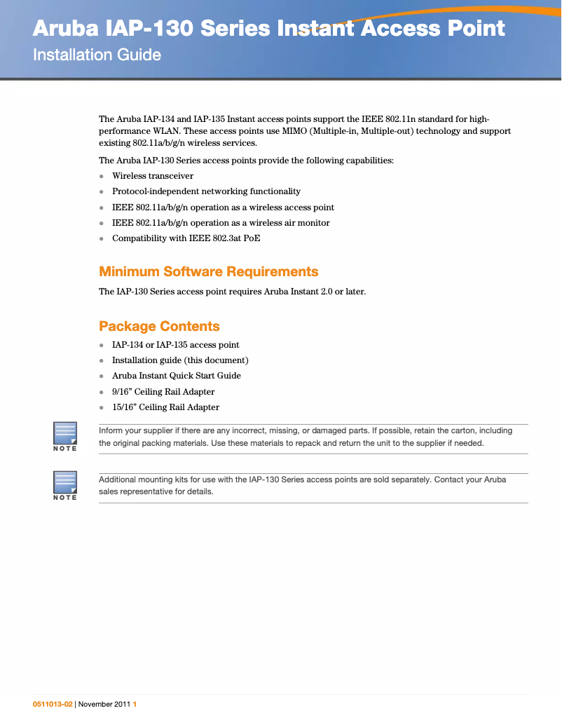 Page n°1 - Manuel utilisateur Aruba Instant IAP-134