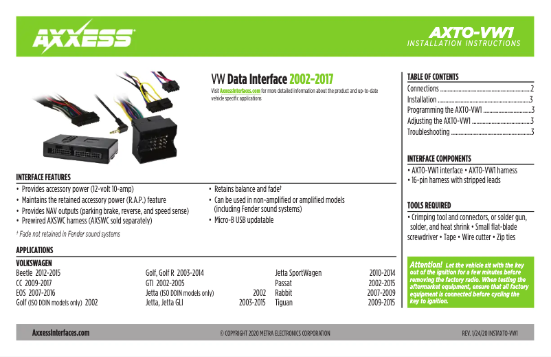 Page 1 de la notice Manuel utilisateur AXESS AXTO-VW1