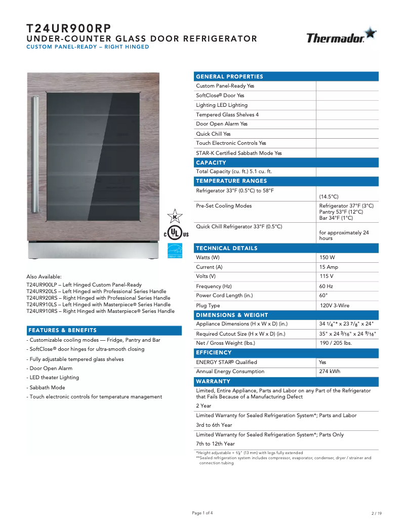 Page 1 de la notice Fiche technique Thermador T24UR900RP