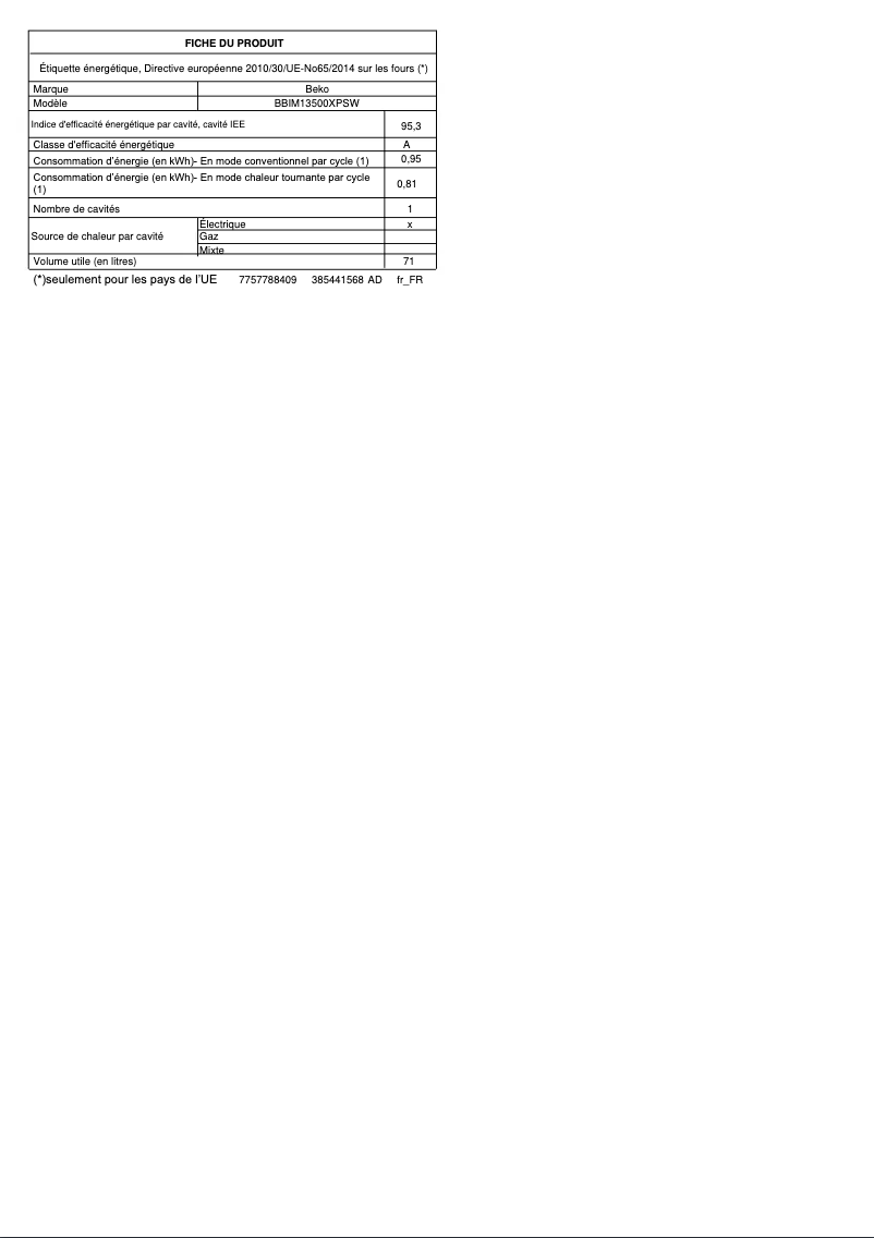 Page 1 de la notice Fiche technique Beko BBIM13500XPSW