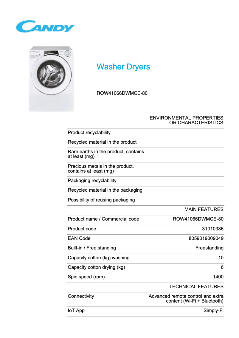 Page 1 de la notice Fiche technique Candy ROW41066DWMCE-80