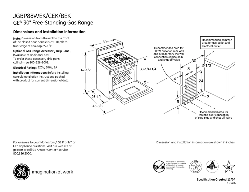 Page 1 de la notice Fiche technique GE JGBP88WEKWW