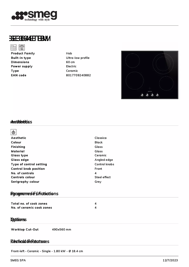 Page 1 de la notice Fiche technique Smeg SE364ETBM