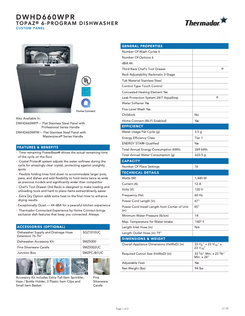 Page 1 de la notice Fiche technique Thermador DWHD660WPR