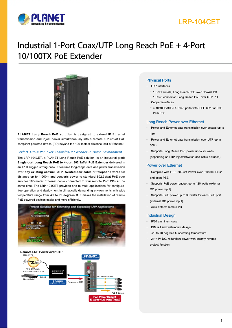 Page 1 de la notice Fiche technique Planet LRP-104CET