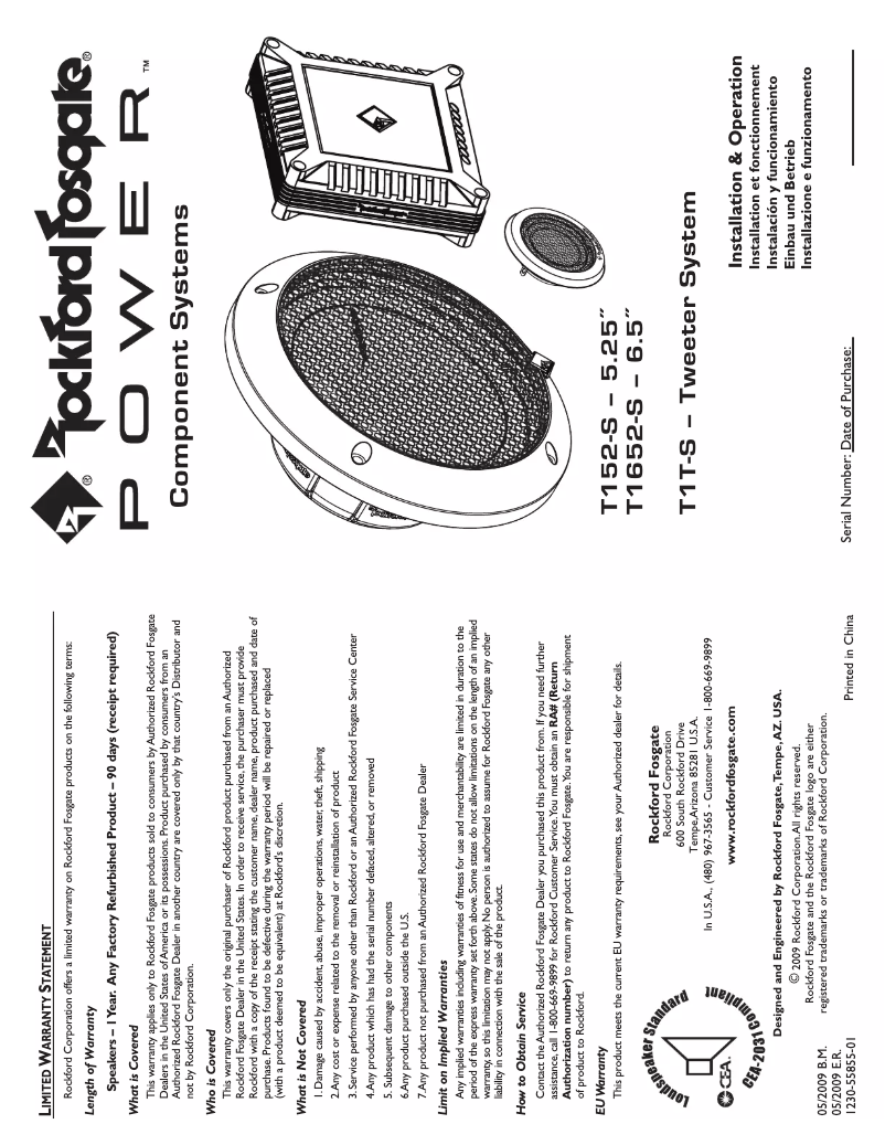 Page n°1 - Manuel d'utilisation et d'entretien Rockford Fosgate Power T152-S
