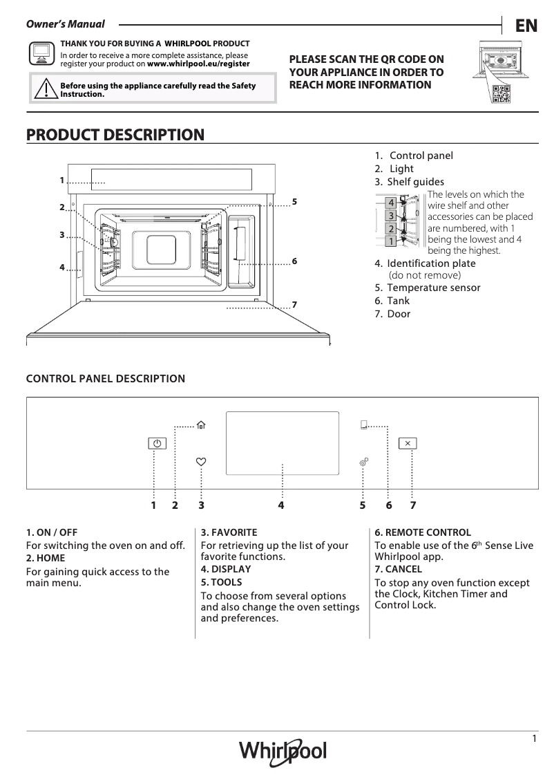 Page 1 de la notice Manuel d'utilisation et d'entretien Whirlpool W11I MS180