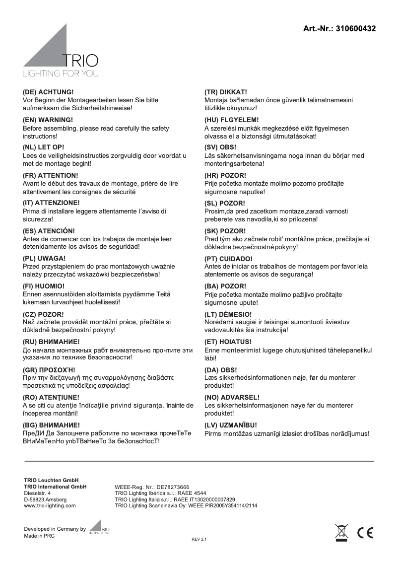 Page 1 de la notice Manuel utilisateur Trio Lighting Robin 310600432