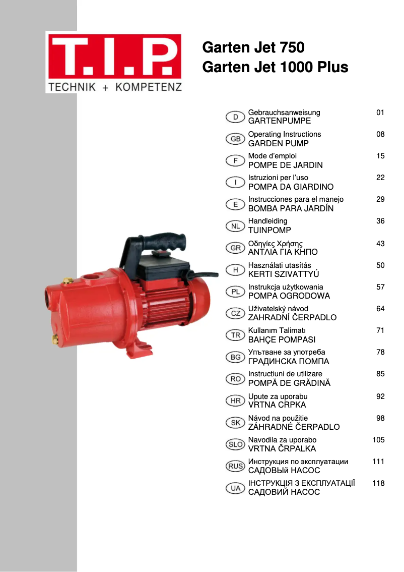 Image de la première page du manuel de l'appareil Garten Jet 1000 Plus