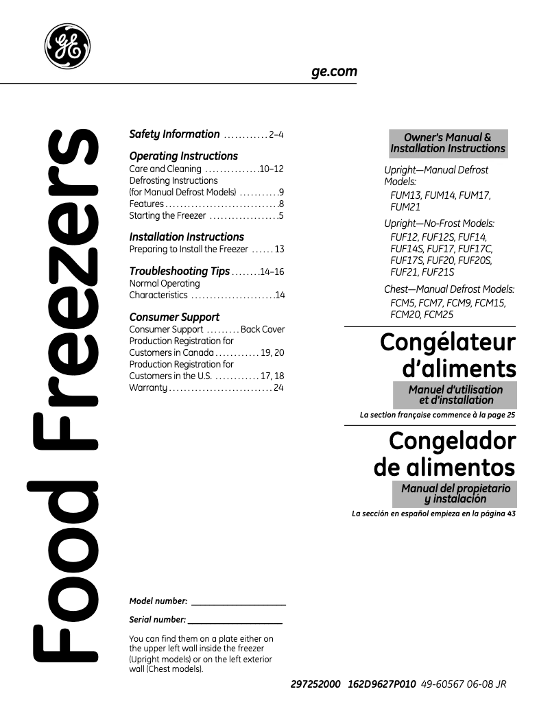 Page n°1 - Guide d'installation GE FUF17DPRWH