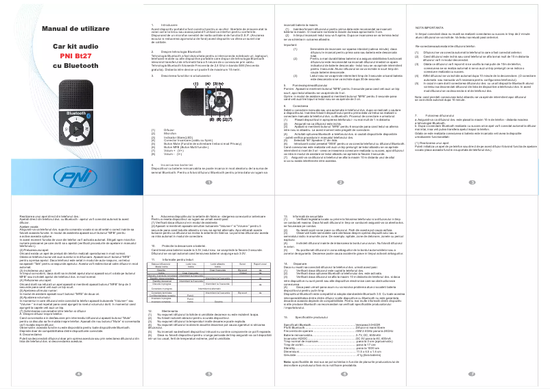 Page 1 de la notice Manuel utilisateur PNI BT27