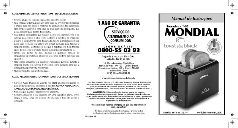 Page 1 de la notice Manuel utilisateur Mondial Toast Due Black T-05