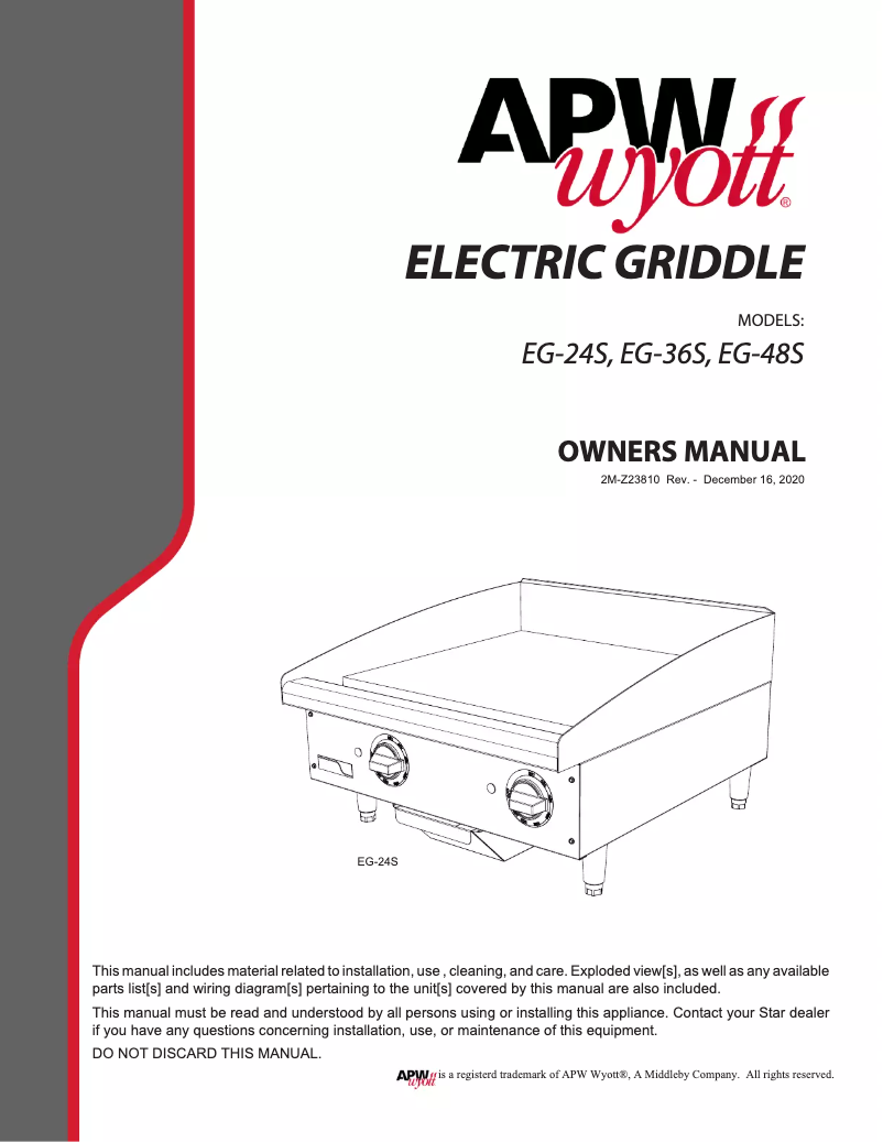 Page 1 de la notice Manuel utilisateur APW Wyott EG-36S