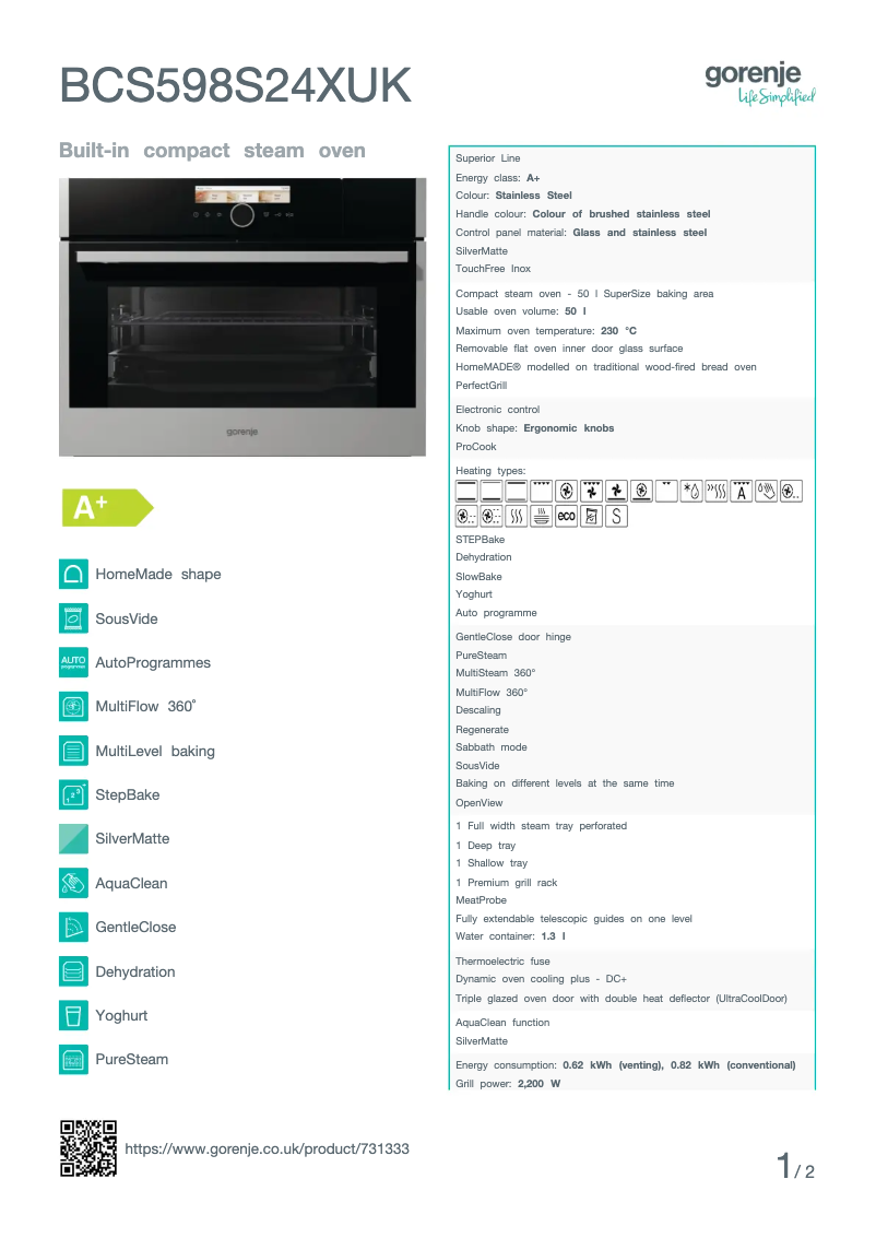 Page n°1 - Fiche technique Gorenje BCS598S24XUK
