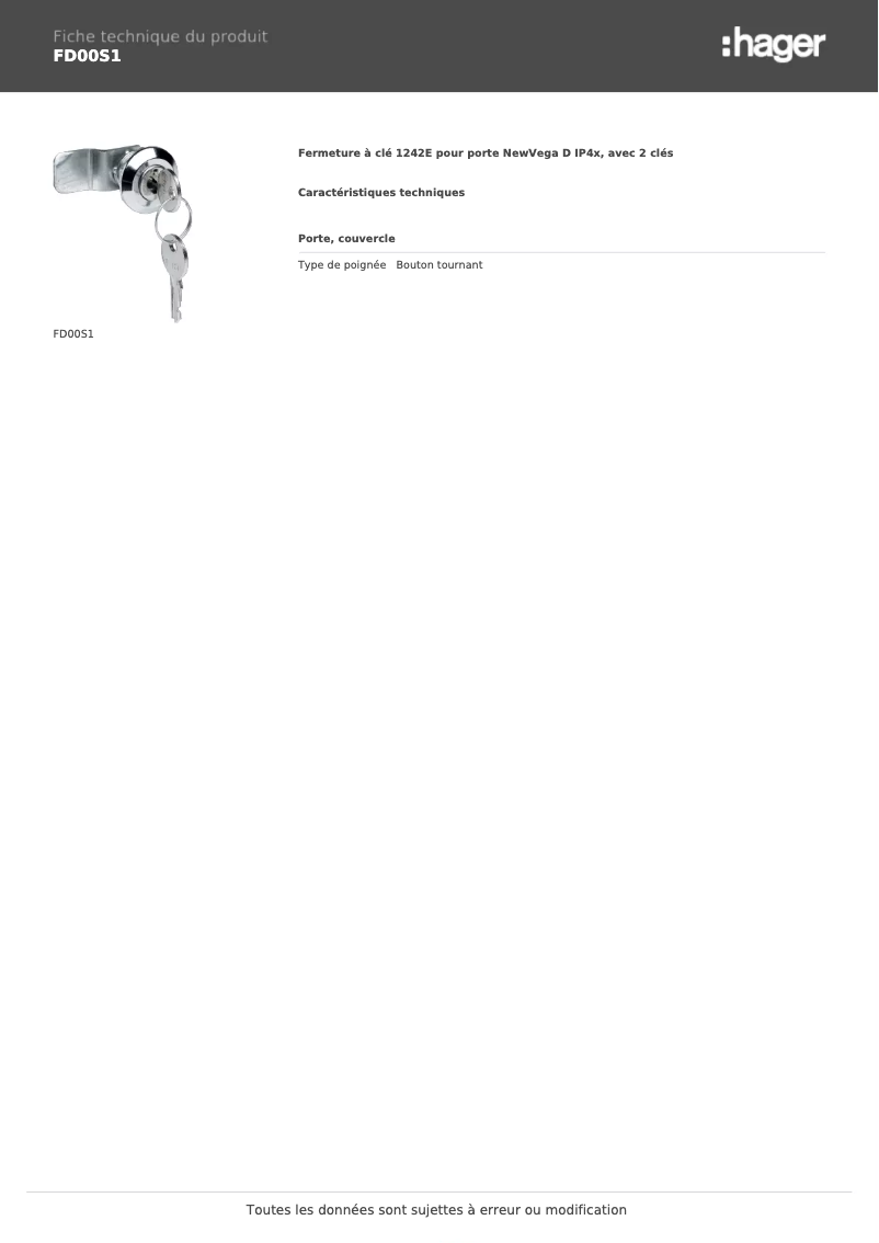 Page 1 de la notice Fiche technique Hager FD00S1