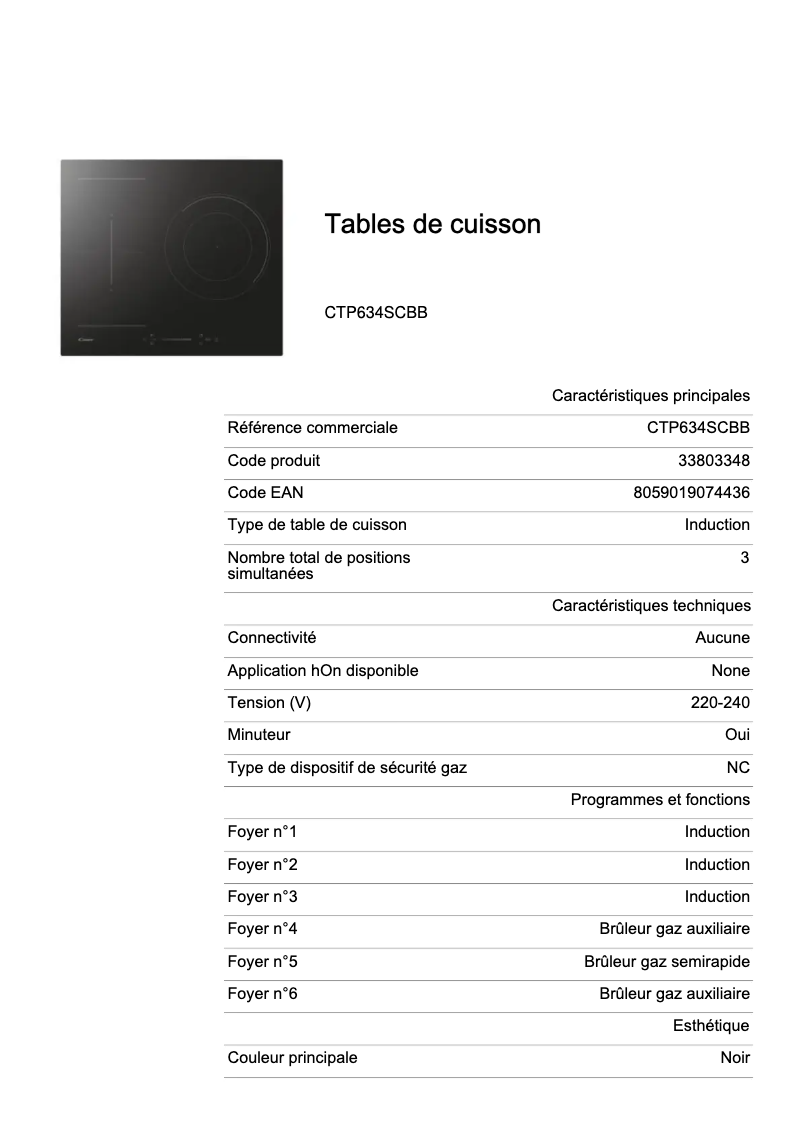 Page 1 de la notice Fiche technique Candy CTP634SCBB