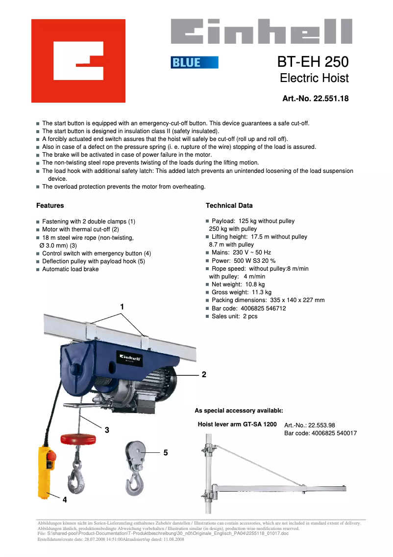 Page 1 de la notice Fiche technique Einhell BT-EH 250