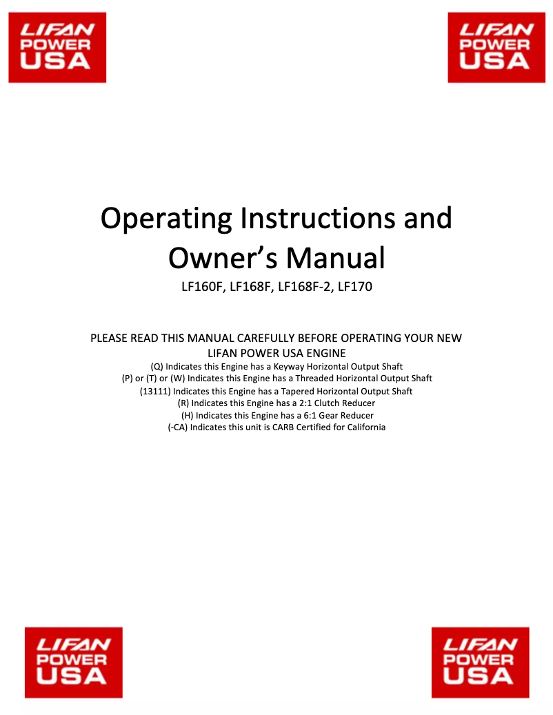 Page n°1 - Manuel utilisateur Lifan LF-160F-2