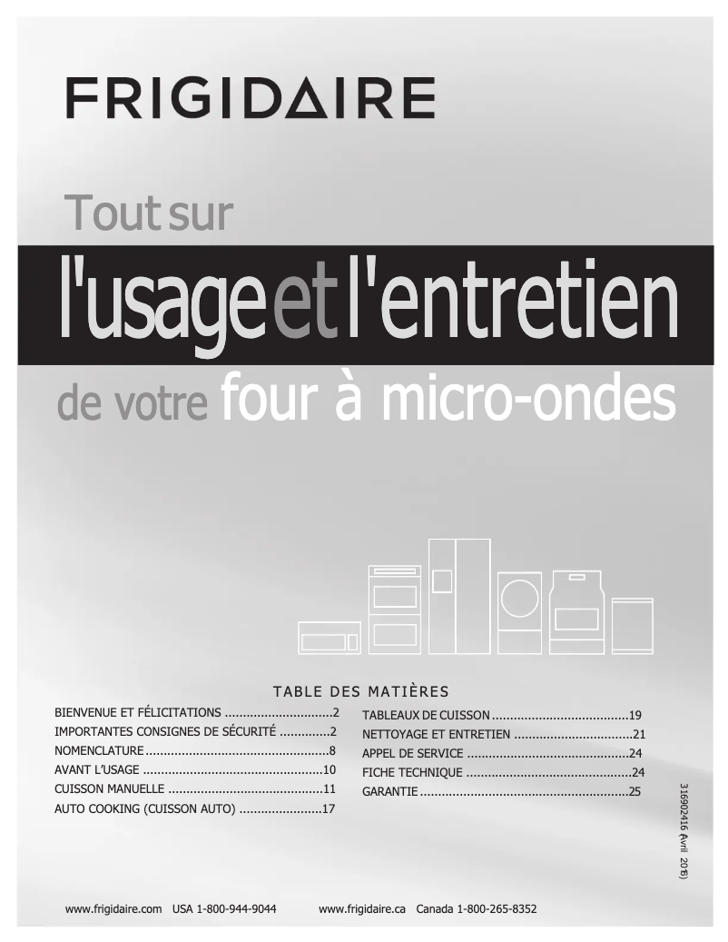 Page n°1 - Manuel utilisateur Frigidaire FFMV162LM