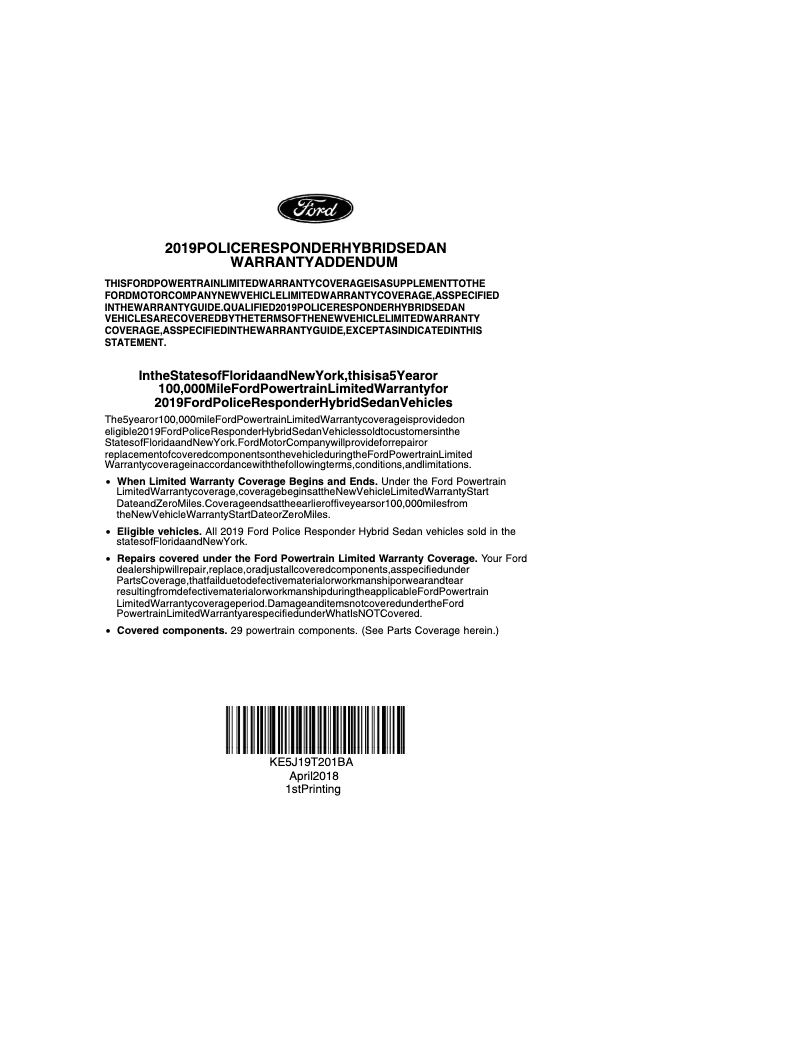 Page 1 de la notice Informations de garantie Ford Fusion Hybrid (2019)