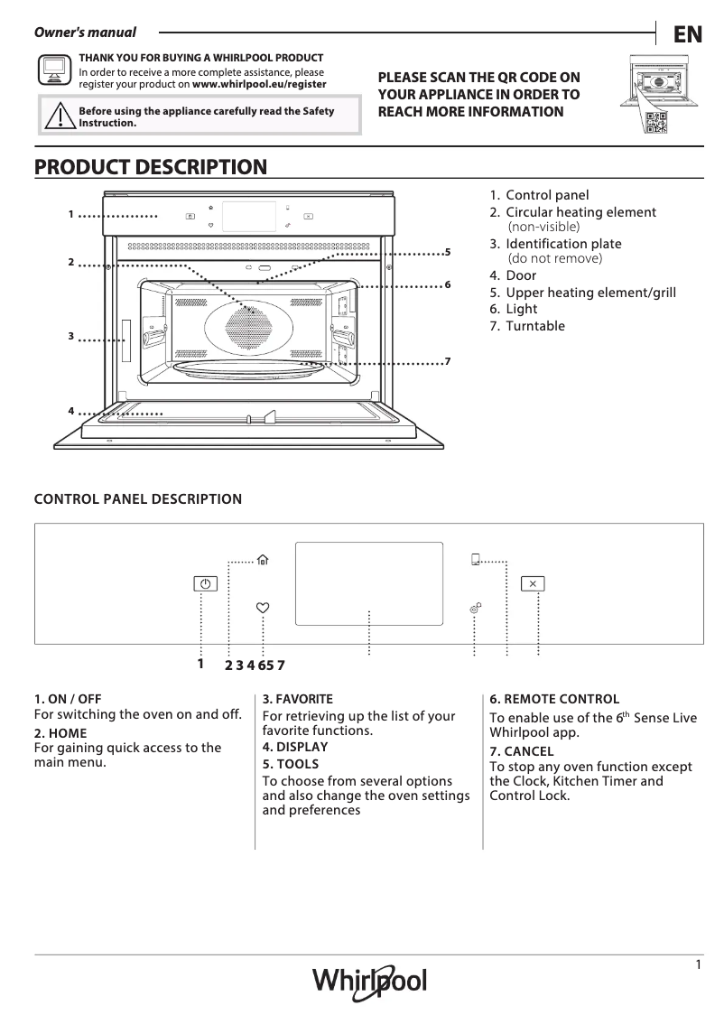 Page 1 de la notice Manuel d'utilisation et d'entretien Whirlpool W11 MW161