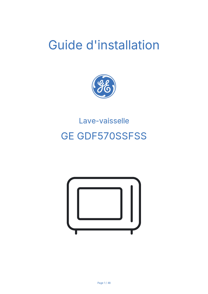Page n°1 - Guide d'installation GE GDF570SSFSS